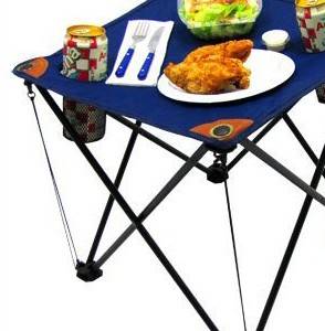 Blue Folding Camping Table with Drink Holders and Carry Bag