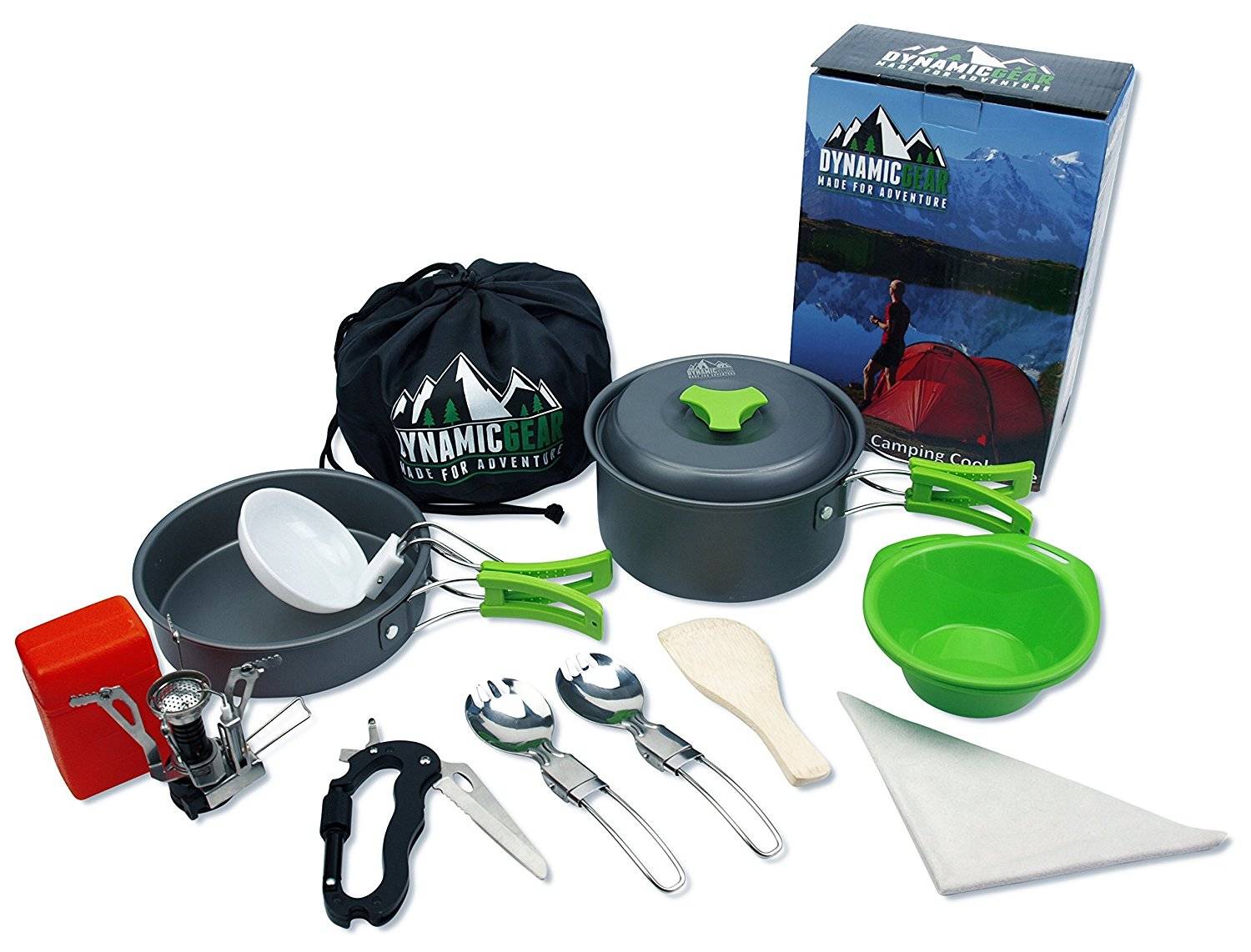 13 PC Camping Cookware Mess Kit with 5 in 1 Carabiner and Mini Stove